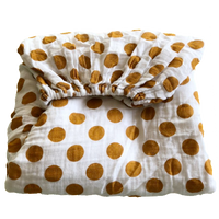 mustard yellow polka dots muslin fitted cot sheet + organic cotton + momo and bubs