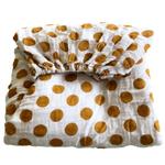 mustard yellow polka dots muslin fitted cot sheet + organic cotton + momo and bubs