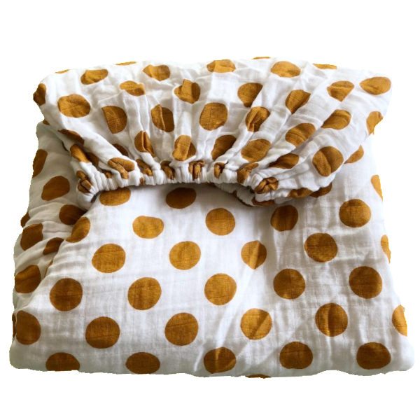 mustard yellow polka dots muslin fitted cot sheet + organic cotton + momo and bubs