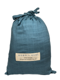 powder blue muslin fitted cot sheet + organic cotton + momo and bubs + drawstring bag