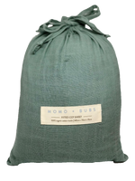 seafoam grey muslin fitted cot sheet + drawstring bag + organic cotton + momo and bubs